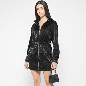 Manière De Voir Black Croc Embossed Faux Leather Utility Jacket Drawstring Waist